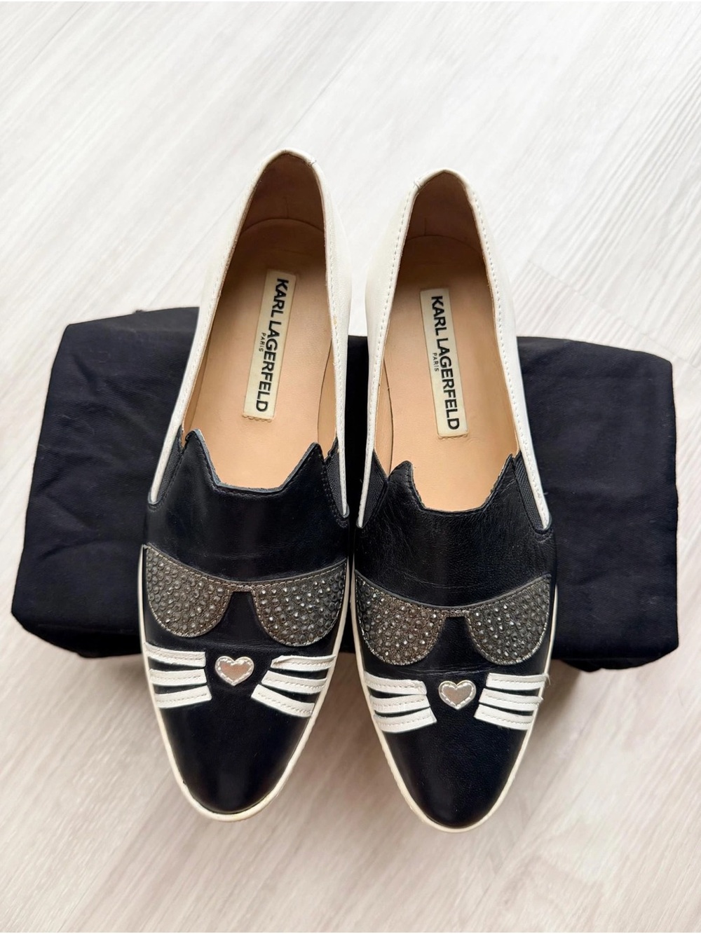 Karl Lagerfeld Black & White Cat-Accent Leather Slip-On Loafers